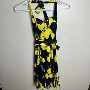 Topdress Lemon Dress Women’s Size Medium Navy Blue Halter Smocked Tie Back